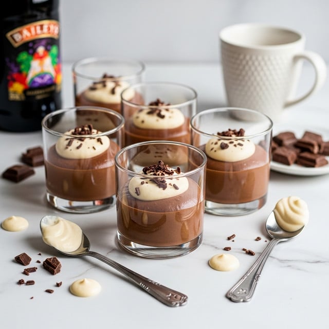 The image shows five clear glass cups filled with a three-layer chocolate dessert. The bottom layer is a smooth, dark brown chocolate pudding, topped with a thick white whipped cream layer, and finished with dark chocolate shavings sprinkled on top. The cups are placed on a white marbled surface, scattered with small bits of chocolate. To the left, there is a silver spoon with some whipped cream on it, and a bottle of Baileys Irish Cream partially visible. In the background, there are two white mugs with textured surfaces. The photo is taken with an iphone --ar 4:5 --v 7