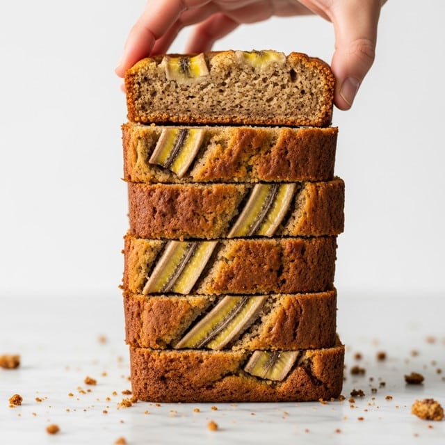 A tall stack of banana bread slices is shown, with seven even rectangular layers standing upright on a white marbled surface. The banana bread is golden brown with visible caramelized banana slices baked on top, adding textured stripes of pale yellow and brown along each slice. A woman's hand is lifting the top layer, showing the soft crumb and moist texture inside. The edges are slightly crisp with crumbs scattered around the base. photo taken with an iphone --ar 4:5 --v 7