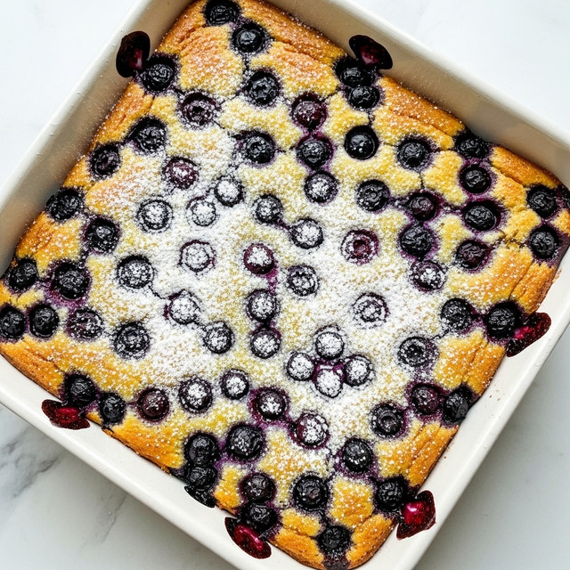 A close-up view of a square white baking dish filled with a golden-yellow cake that has a soft, slightly bumpy texture. Scattered throughout the cake are clusters of whole, plump blueberries with a deep purple-blue color. The surface of the cake is dusted lightly with white powdered sugar, adding a fine grainy texture and a touch of brightness. The berries create uneven depressions and pockets in the cake, showing where they have sunk in slightly during baking. The white baking dish rests on a white marbled surface that adds a subtle, elegant backdrop to the warm, inviting colors of the dessert. photo taken with an iphone --ar 4:5 --v 7