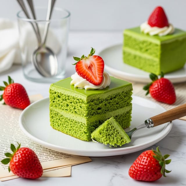 Two square pieces of green matcha cake sit on white plates, each topped with a smooth, light green layer of frosting. On top of the frosting is a dollop of white cream and a fresh red strawberry with green leaves. The cake shows three soft, spongy layers with a moist texture. One piece has a bite taken out, and a spoon with a wooden handle rests beside it on the plate. Fresh strawberries are scattered around on a white marbled surface with torn old book pages underneath some plates. In the background, shiny spoons stand in a clear glass, and soft white fabric adds a cozy touch. Photo taken with an iphone --ar 4:5 --v 7