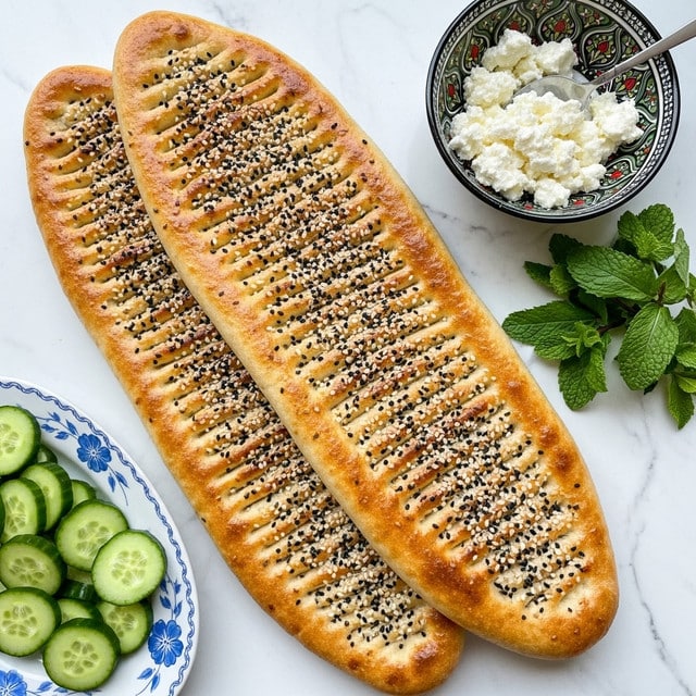 Two large, oval-shaped flatbreads lie overlapping on each other on a white marbled surface. They are golden brown with a slightly crispy texture and have scattered black and white sesame seeds on the top surface. The flatbreads have visible char marks and slight ridges running lengthwise. To the side, there is a white bowl with green pattern holding a white creamy dip, and fresh green mint leaves are placed next to it. At the bottom left corner, slices of cucumber on a white plate with blue decoration are slightly visible. photo taken with an iphone --ar 4:5 --v 7