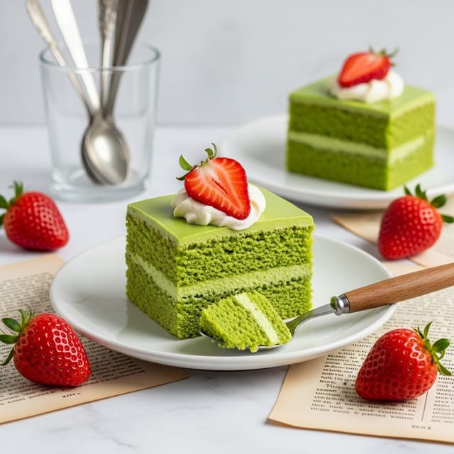 The image shows a square slice of green cake with two visible layers; the bottom and middle part is a soft, porous green sponge, while the top layer is a smooth, glossy green icing. On top of the cake, there is a dollop of white cream with a fresh red strawberry placed in the center. The slice is on a white plate, and a spoon with a wooden handle rests on the plate, scooping a piece of the cake. Around the plate, there are several strawberries and some old pages from a book lying on a white marbled surface. In the background, another similar green cake slice with a strawberry on top is on another white plate, alongside a clear glass with some silver spoons inside. photo taken with an iphone --ar 4:5 --v 7