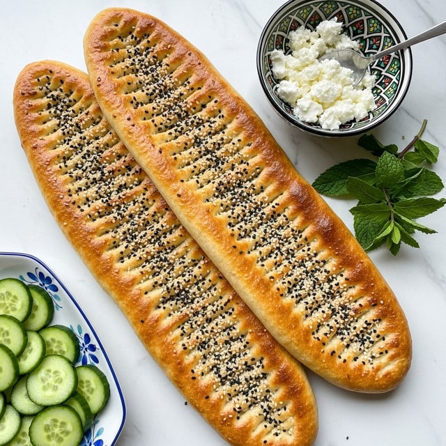 Two long, flat breads with a golden-brown crust are layered slightly overlapping on a white marbled surface. The breads have small, evenly spaced indentations creating a ridged texture and are sprinkled generously with black and white sesame seeds. To the right, there is a small white bowl with ornate green and black patterns inside, filled with white creamy cheese and a spoon resting on it. Near the bowl, fresh green mint leaves add a touch of color. In the bottom left corner, a white dish with blue floral designs holds slices of fresh green cucumber. Photo taken with an iphone --ar 4:5 --v 7