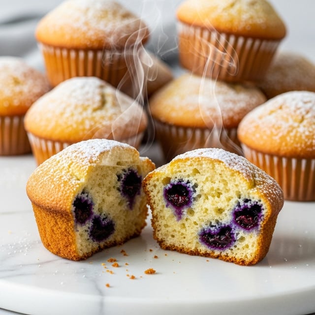 The image shows several warm blueberry muffins with a light golden brown top dusted with powdered sugar, placed on a white marbled surface. One muffin in front is cut in half, revealing a soft, light yellow inside filled with juicy dark purple blueberries, releasing steam as if just baked. The muffins have a slightly rough texture on top and are placed on white paper cupcake liners, arranged in a casual cluster with some in the background softly out of focus. photo taken with an iphone --ar 4:5 --v 7