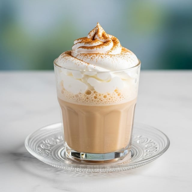 A clear glass is filled with two main layers: a bottom layer of light brown creamy frothy liquid and a top layer of white whipped cream with soft peaks. The whipped cream is sprinkled with a fine dusting of brown cinnamon powder. The glass sits on a clear textured glass saucer, all placed on a white marbled surface with a soft blurred green and blue background. photo taken with an iphone --ar 4:5 --v 7