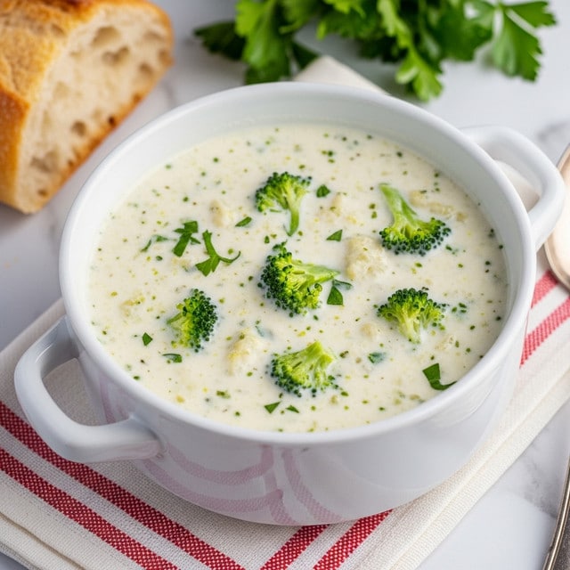 A white bowl with two handles is filled with creamy soup that has small green broccoli pieces and tiny black pepper specks spread evenly throughout. The soup has a smooth and thick texture with visible bits of broccoli giving it a natural look. The bowl sits on a red and white striped cloth, and to the left, part of a sliced baguette is visible. Fresh green parsley leaves are placed behind the bowl as a garnish. The entire setting is on a white marbled surface. photo taken with an iphone --ar 4:5 --v 7