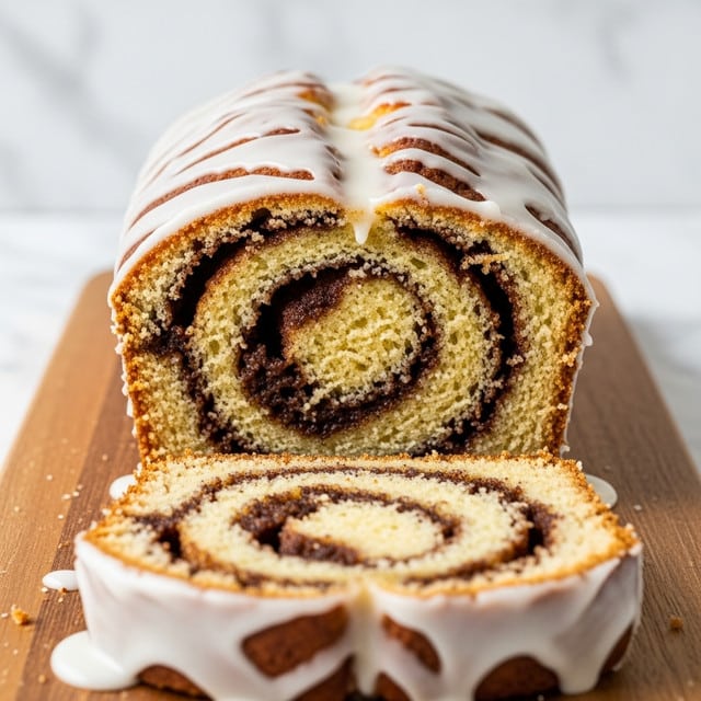A loaf of cinnamon swirl bread sits on a wooden board with a fresh slice cut and placed in front. The bread has a golden brown crust topped with white icing dripping down the sides. Inside, there is a thick, dark brown cinnamon swirl that creates a spiral pattern through the light, soft crumb. Steam rises from the loaf, showing it is warm and fresh. In the background, there is a white cup filled with coffee and a gray striped cloth on a white marbled surface. Crumbs are scattered around the loaf and slice. photo taken with an iphone --ar 4:5 --v 7