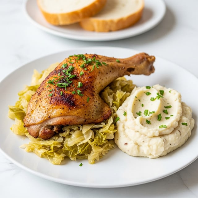 The image shows a white plate on a white marbled surface with a roasted chicken leg placed on top of soft cooked cabbage, the cabbage has a pale yellow-green color and looks tender and moist. To the right of the chicken and cabbage, there is a creamy mashed potato scoop with a smooth, slightly fluffy texture and a light ivory color, garnished with small green herbs. The chicken leg has a crispy, golden-brown skin with some darker browned spots, and it is sprinkled with finely chopped fresh green herbs on top. In the background, two slices of light brown bread rest on a white plate. Photo taken with an iphone --ar 4:5 --v 7