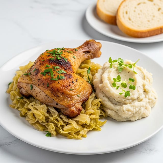 A plate holds a thick piece of roasted meat with a crispy brown crust, standing upright with a bone sticking out, topped with fresh green herbs. Around the meat, there is a bed of creamy mashed potatoes with bits of herbs sprinkled on top. To the right of the meat, two thick slices of bread with a soft, airy texture and golden crust lean against each other. There is also a lemon wedge placed on the side of the mashed potatoes. The scene is set on a white marbled surface. Photo taken with an iphone --ar 4:5 --v 7