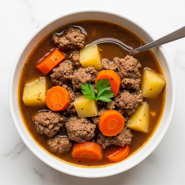 A white bowl filled with thick beef stew on a white marbled surface, showing chunky brown ground beef pieces mixed with large orange carrot chunks and light yellow potato cubes submerged in rich dark brown broth. A small sprig of fresh green parsley sits on top as garnish. The stew looks warm and hearty, with a silver spoon resting in the bowl. Photo taken with an iphone --ar 4:5 --v 7