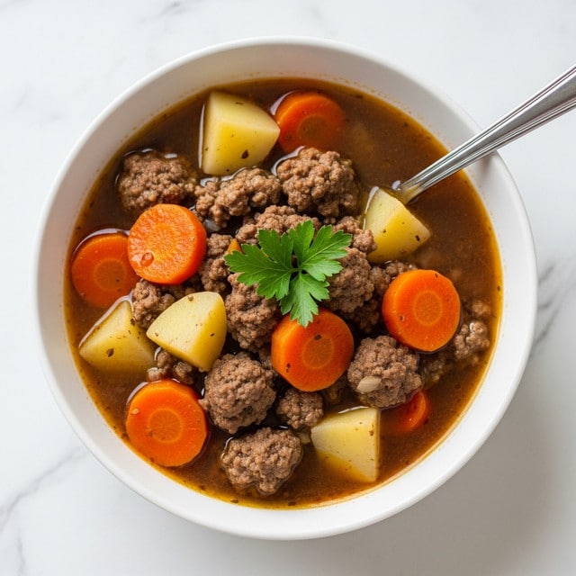A white bowl filled with chunky beef stew sits on a white marbled surface. The stew has a rich brown broth with visible bits of cooked ground beef forming a textured middle layer. Large pieces of light yellow potatoes and orange carrot chunks are spread evenly throughout the soup. A bright green parsley leaf sits in the center, adding a fresh pop of color on top. A silver spoon is resting inside the bowl. photo taken with an iphone --ar 4:5 --v 7