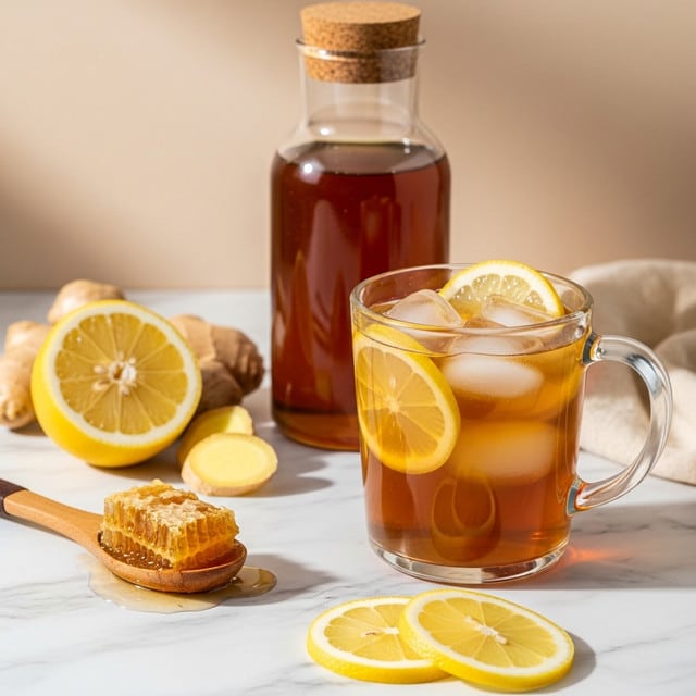 The image shows a clear glass mug filled with iced tea, with several ice cubes and thin lemon slices floating on top. Behind the mug is a glass bottle with a cork lid filled with dark amber liquid, likely honey or syrup. In front of the mug, there are two bright yellow lemon slices lying flat on the white marbled surface. To the left, half a lemon and some pieces of fresh ginger root rest beside a wooden spoon holding golden honeycomb. A woman's hand is not visible but implied to be near the setup. The background is a soft warm beige color with a slight shadow. Photo taken with an iphone --ar 4:5 --v 7