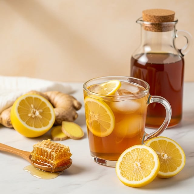 A clear glass mug filled with iced tea showing a dark amber color with several ice cubes and slices of lemon floating on top. The mug is placed on a white marbled surface, surrounded by lemon halves and slices, a wooden spoon with honeycomb, and a glass bottle of honey with a cork stopper in the background. The scene is softly lit with warm tones, creating a fresh and inviting look. Photo taken with an iphone --ar 4:5 --v 7