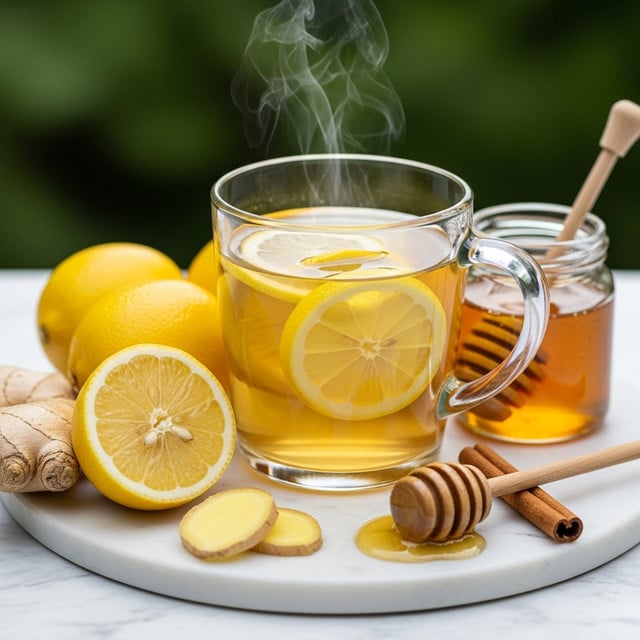 A clear glass mug filled with a light golden tea that has three thin lemon slices floating inside, showing bright yellow with a slight shine. The mug has a small amount of steam rising from it, indicating warmth. Around the mug, there are two whole yellow lemons, one cut lemon half showing the inside with a white center and yellow flesh, pieces of light brown ginger with rough texture, a cinnamon stick, a small clear glass jar of golden honey with a honey dipper resting against it, all placed on a white marbled surface. The scene is softly lit with a natural outdoor background blurred into green shapes. Photo taken with an iphone --ar 4:5 --v 7