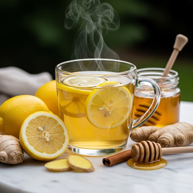 A clear glass mug filled with a warm yellowish tea that has three bright yellow lemon slices floating on top, showing a slightly cloudy texture inside. Next to the mug, there is a small glass jar of honey with a shiny golden color and a wooden honey dipper resting beside it. In the background, two whole yellow lemons and one half lemon showing the juicy inside are placed on a white marbled surface. Also visible are pieces of light brown ginger and cinnamon sticks, adding texture and warmth to the scene. photo taken with an iphone --ar 4:5 --v 7