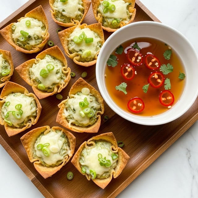 A white plate holds a pile of golden brown crispy wontons, each shaped like a small cup with bubbled, crunchy edges and a creamy light yellow filling in the center. Small green onion pieces are scattered on top of the wontons, adding a touch of green. To the upper right of the plate, there is a white bowl filled with dark soy sauce mixed with red chili flakes and more green onions on the surface. The whole scene is set on a white marbled texture, creating a clean and fresh look. Photo taken with an iphone --ar 4:5 --v 7