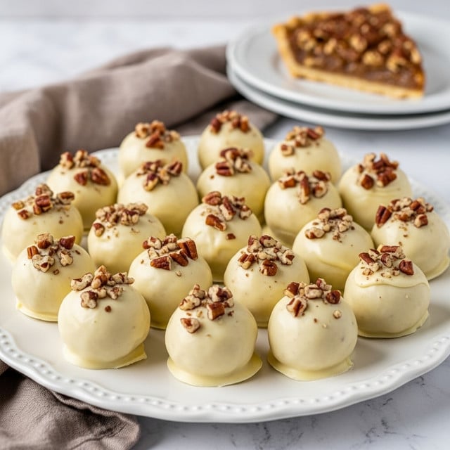 The image shows a white plate filled with small round dessert balls coated in a smooth, creamy pale yellow white chocolate layer. Each ball is topped with small pieces of chopped pecans, adding a textured brown and beige contrast to the smooth coating. The balls are arranged closely together on the plate, which has a subtle scalloped edge. In the background, there is a blurred white plate with a slice of pie that has a brown, nut-covered top layer, all set on a white marbled texture surface with a soft brown cloth partly under the plates. Photo taken with an iphone --ar 4:5 --v 7