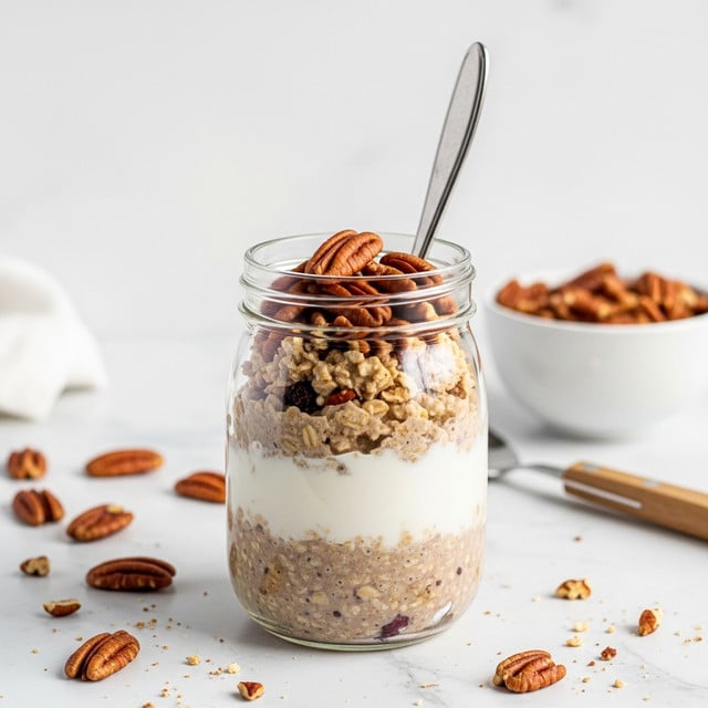 A clear glass jar filled with three layers: the bottom layer is a light brown oatmeal mix with small dark and red bits, the middle layer is a smooth white yogurt, and the top layer is the same oatmeal mix topped with whole and halved pecans. A long silver spoon is placed inside the jar. Scattered around the jar on a white marbled surface are some whole and broken pecans. In the background, there is a white bowl filled with pecans and a beige cloth slightly out of focus. photo taken with an iphone --ar 4:5 --v 7