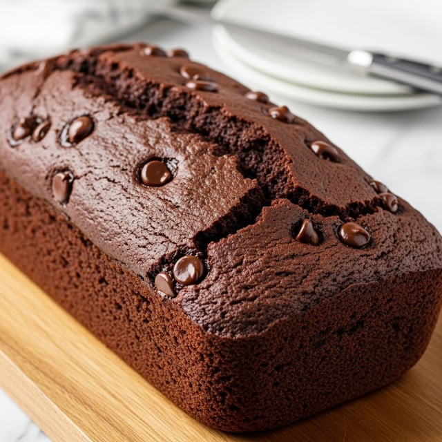 A dark brown chocolate cake loaf with a rough, crumbly texture sits on a round wooden board, topped with small chocolate chips scattered unevenly on the surface. Two thick slices are cut from the loaf and placed in front of it, showing the moist inside with visible chocolate bits. To the right, a white cup with steaming coffee rests on a white saucer, with steam rising clearly against a dark gray background. The scene is set on a white marbled surface. photo taken with an iphone --ar 4:5 --v 7
