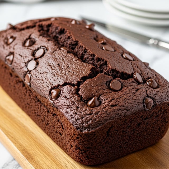 The image shows a thick rectangular chocolate cake loaf on a wooden board. The cake has a cracked top with some chocolate chips slightly melted on its surface. The texture looks soft and moist with rich dark brown color. The loaf is positioned at an angle to show the front and top sides clearly. The background is a white marbled surface with some white plates and a knife blurred behind the cake. Photo taken with an iphone --ar 4:5 --v 7