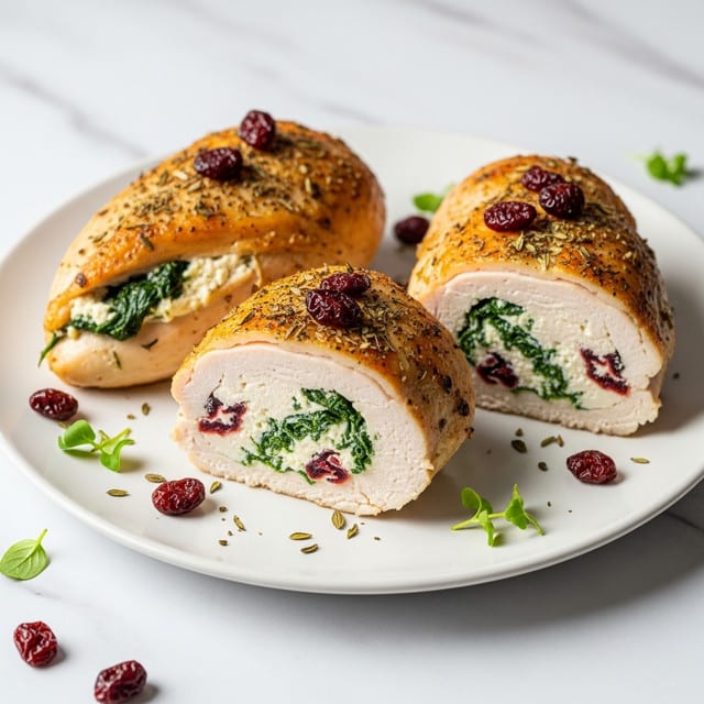 The image shows three pieces of stuffed chicken breast on a white plate placed on a white marbled surface. Each chicken piece is cut to show the filling inside, which consists of creamy white cheese mixed with green spinach and bits of red dried cranberries or similar fruit. The chicken skin on top is golden brown with a slightly crispy texture, sprinkled with small pieces of herbs and more dried red berries. The plate also has a few scattered whole dried berries and sprigs of fresh green herbs adding color contrast. The overall look is warm and inviting with a mix of creamy, crispy, and fresh textures. photo taken with an iphone --ar 4:5 --v 7