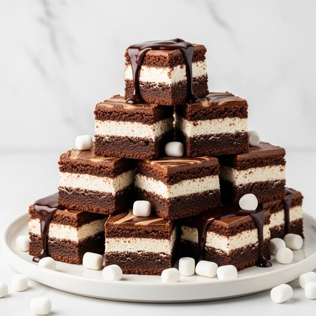 The image shows a stack of nine square chocolate brownies arranged in a pyramid on a white plate. Each brownie has three layers: a dense dark brown chocolate base, a middle layer of smooth white cream swirled with chocolate, and a thin top layer of rich dark chocolate ganache, some of which is dripping down the sides. Small white marshmallows are scattered around the base of the pyramid on the plate. The background is a white marbled texture. photo taken with an iphone --ar 4:5 --v 7