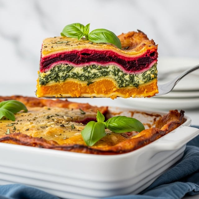 A slice of lasagna is lifted by a shiny metal spatula above a white rectangular baking dish resting on a blue cloth; the lasagna has four distinct layers: a golden-brown baked top crust, a dark red beet sauce layer beneath it, a thick green spinach and cheese mix, and an orange pumpkin or squash layer at the bottom; the edges of the lasagna are slightly crisp and browned, and fresh green basil leaves garnish the top of the lasagna and the surface; the background and surface have a soft white marbled texture, with a stack of white plates blurred in the background. photo taken with an iphone --ar 4:5 --v 7