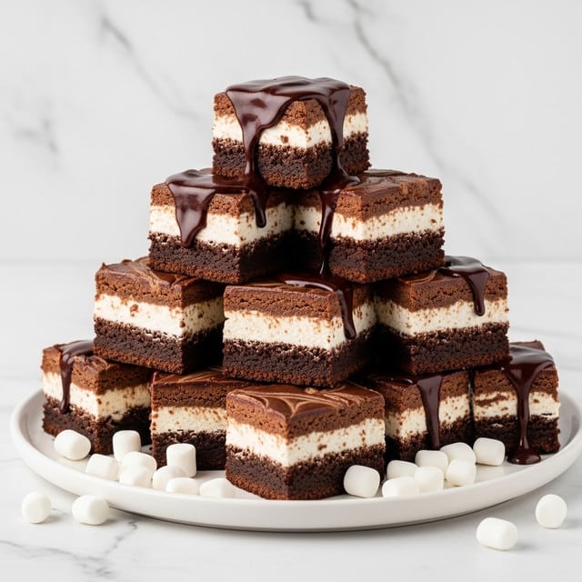 A stack of nine rich, square brownies is arranged on a white plate, set on a white marbled surface. Each brownie has three visible layers: a dark brown, dense base layer, a middle layer of creamy white cheesecake swirled with chocolate, and a glossy dark chocolate top layer that drips slightly down the sides. Small white marshmallows are scattered around the base of the plate, adding contrast to the deep brown tones. The brownies look moist and fudgy, with clean, sharp edges. Photo taken with an iphone --ar 4:5 --v 7