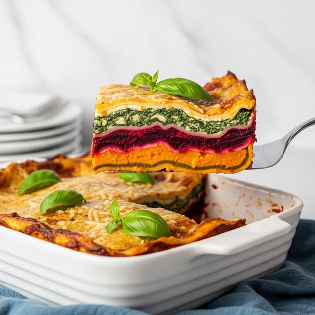 A slice of layered vegetable lasagna is being lifted with a metal spatula over a white baking dish on a white marbled surface with a blue and white cloth underneath. The lasagna slice has four visible layers: a top layer of golden baked pasta with a slightly crispy texture, below it a thick layer of deep red beet sauce, then a smooth green spinach and ricotta cheese layer, and at the bottom a rich orange pumpkin puree layer. In the baking dish, the remaining lasagna shows the same layers with some sauce bubbling over the edge, garnished with fresh green basil leaves. Photo taken with an iphone --ar 4:5 --v 7