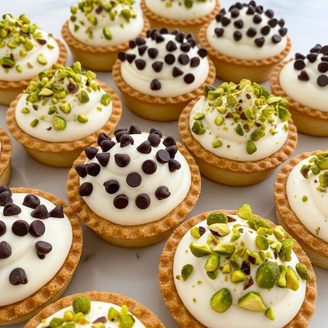 The image shows several small tartlets arranged closely together on a white marbled surface. Each tartlet has a golden-brown, flaky crust as the base layer. On top of the crust, there is a thick layer of smooth, white cream frosting. Some tartlets are decorated with small, dark chocolate chips evenly spread on the cream, while others have bright green chopped pistachios sprinkled on top. The texture of the cream looks soft and fluffy, contrasting with the crunchy tart shell. The light shines softly, highlighting the creamy texture and vibrant topping colors. Photo taken with an iphone --ar 4:5 --v 7