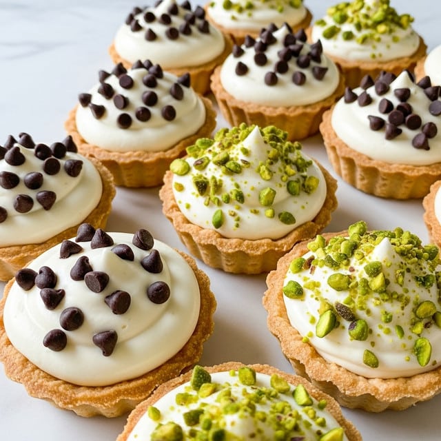 The image shows several small tartlets arranged closely together on a white marbled surface. Each tartlet has a light golden crust at the bottom, filled with a smooth white cream layer that is evenly spread and slightly domed on top. Some tartlets are decorated with small, dark chocolate chips scattered on the cream, while others have tiny green chopped pistachio nuts sprinkled delicately, adding color contrast. The tartlets are neatly baked with crisp edges and a soft, creamy texture on top. Photo taken with an iphone --ar 4:5 --v 7