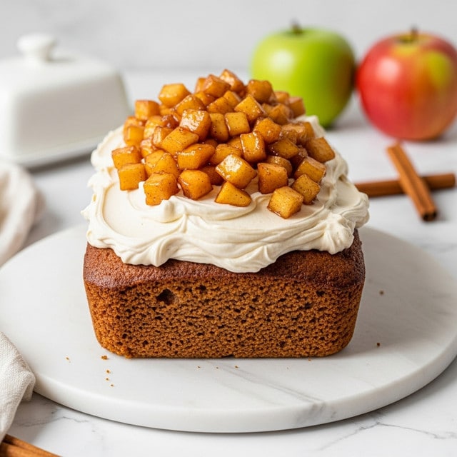 A rectangular loaf cake with a light brown crumb texture is placed on a white plate. The cake has one layer of thick, creamy white frosting spread unevenly on top. On top of the frosting is a generous layer of small, glossy caramelized apple chunks with a rich amber color, slightly piled in the middle. The scene includes a white marbled surface background with hints of a green apple and red apple softly blurred in the back, along with cinnamon sticks nearby, adding a cozy touch. photo taken with an iphone --ar 4:5 --v 7