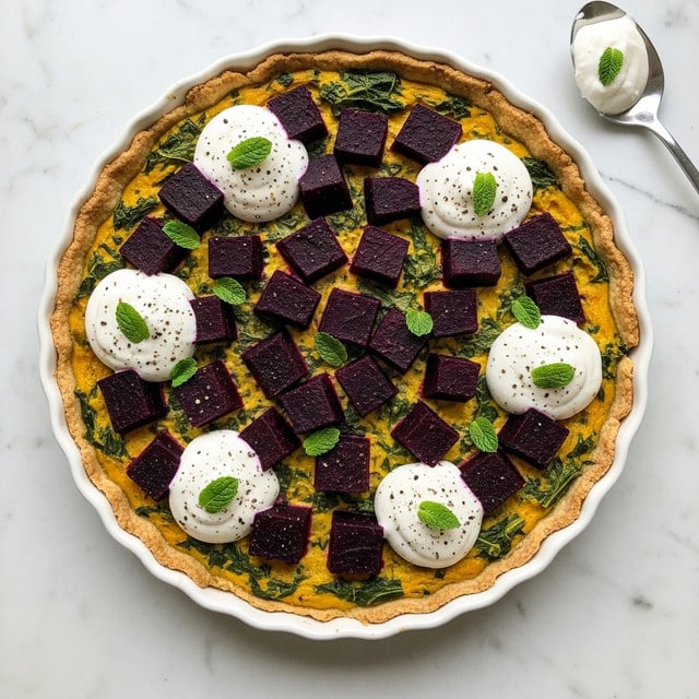 A round savory tart with a golden-brown crust in a white fluted dish. The filling is creamy yellow with bright green spinach leaves scattered inside. On top, there are evenly spaced dark purple beetroot cubes adding contrast. Dollops of white creamy spread are placed around the tart, each sprinkled with black pepper. Fresh green herb leaves are scattered on top, adding color and freshness. The tart sits on a white marbled surface with a gold spoon covered with some creamy spread beside it. Photo taken with an iphone --ar 4:5 --v 7