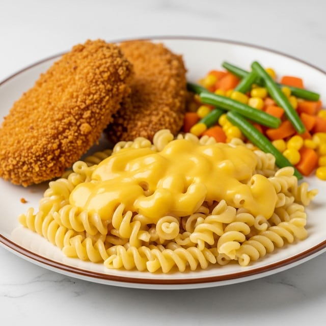 A white round plate on a white marbled surface holds a meal with three parts: two pieces of crispy fried chicken with a rough textured brown crust on the left, a serving of creamy, bright yellow macaroni and cheese in the front center with smoothly coated pasta noodles, and a mix of steamed green beans, orange carrot slices, and yellow corn in the back right. The colors are warm and inviting with a variety of textures from crunchy to soft. Photo taken with an iphone --ar 4:5 --v 7
