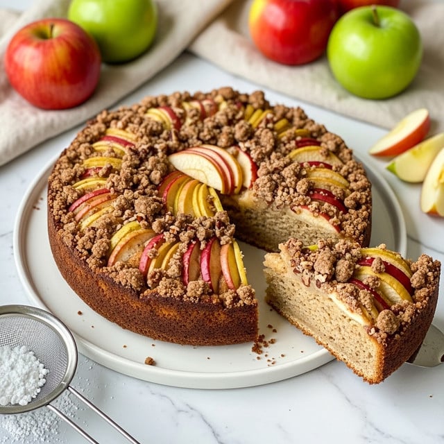 A round apple crumb cake with one slice cut out shows a golden-brown crust and a soft, light brown inside. The top has thin apple slices arranged in fan shapes, showing yellow and red hues. There is a crumbly, crunchy topping in light and dark brown pieces scattered over the apples. The cake sits on a white plate with a raised edge on a white marbled surface. Around the cake, there are fresh red and green apples on a beige cloth, a metal sieve with powdered sugar, and a few apple slices. Photo taken with an iphone --ar 4:5 --v 7