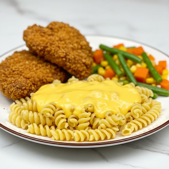 The image shows a white plate with a thin brown rim, placed on a white marbled surface. On the plate, there is a serving of curly macaroni pasta in the front, cooked and covered with creamy yellow cheese sauce that looks smooth and shiny. Behind the macaroni, on the left side, there are two pieces of crispy fried chicken with a golden-brown crunchy crust. On the right side, there is a mix of colorful cooked vegetables, with bright green beans, orange carrots, and yellow corn, all neatly arranged. The overall look is warm and inviting. Photo taken with an iphone --ar 4:5 --v 7