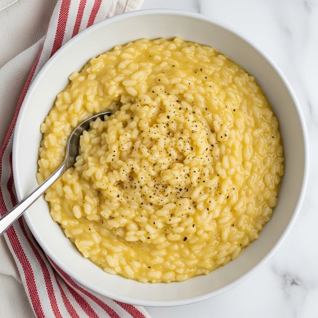 A white bowl filled with a creamy, pale yellow risotto that has a smooth, slightly glossy texture. The risotto is evenly cooked with each grain of rice visible but soft, and it is topped lightly with small flecks of black pepper scattered over the surface. A spoon is dipped into the risotto on the left side of the bowl, partly lifting some of the dish. The bowl sits on a white marbled surface, with a red and white striped cloth partially visible beneath the bowl on the left. photo taken with an iphone --ar 4:5 --v 7
