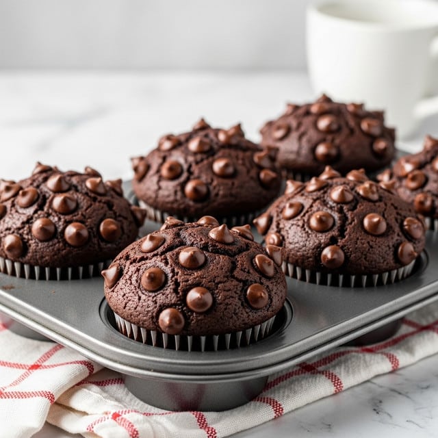 The image shows four rich chocolate muffins arranged in a metal baking tray, each muffin topped with smooth, shiny chocolate chips that are scattered unevenly across their slightly cracked tops. The muffins have a deep brown, textured surface, showing moist and dense interiors, and slight variations in shape and height. The tray sits on a white marbled surface with a red and white checkered cloth partially visible underneath. In the blurred background, a white cup is placed near the tray, adding a soft contrast to the scene. photo taken with an iphone --ar 4:5 --v 7