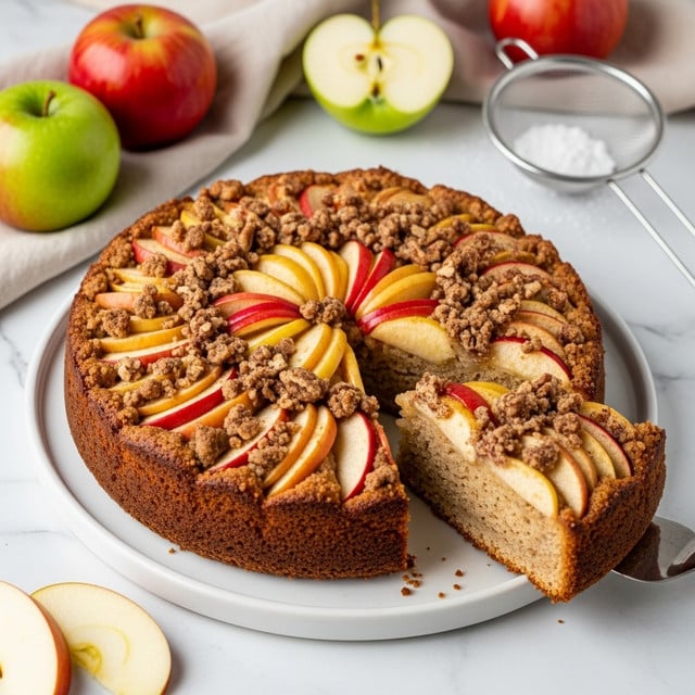 The image shows a round apple crumble cake with a top layer of neatly arranged thin apple slices that are light golden and slightly browned at the edges. The apple slices are layered in a circular pattern on top of a crumbly streusel topping that is golden brown and textured with small clusters. One slice of the cake is cut and slightly pulled out to show the inside, which is moist and light brown with visible bits of apple. The cake sits on a white ceramic plate with a ribbed edge, placed on a white marbled surface. Around the cake, there are fresh red and green apples on a light-colored cloth, some apple slices, a small metal sieve with powdered sugar, and a white plate with a vintage silver spatula. Photo taken with an iphone --ar 4:5 --v 7