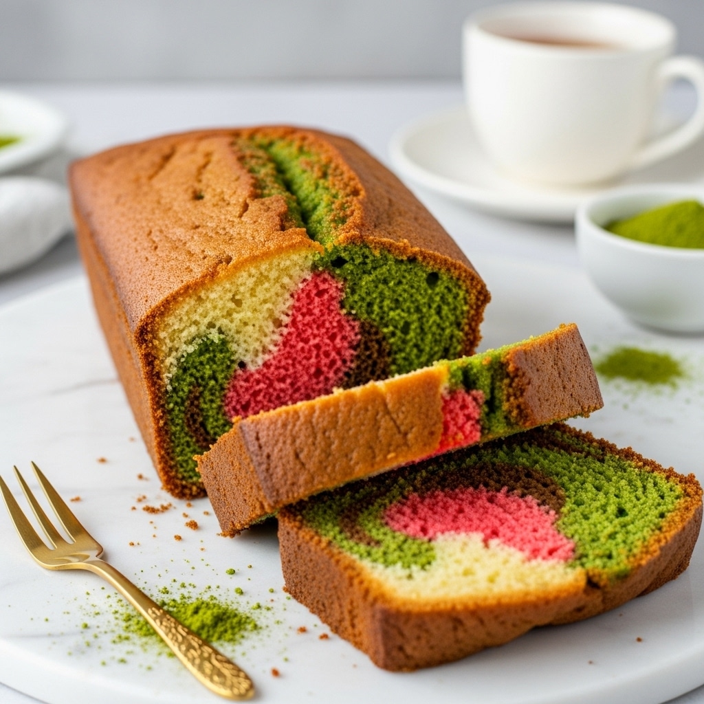 The image shows a loaf of marble cake with two thick slices cut and laid down in front, revealing three main layers inside: soft light brown, bright pink, and deep green swirled together in a wavy pattern. The cake's outside is a slightly darker golden brown crust. It rests on a white marbled surface with a small gold fork nearby sprinkled with a little green powder. In the blurred background, there is a white cup with tea and another white bowl containing a green sauce or powder. The lighting is soft, making the cake look fresh and moist. photo taken with an iphone --ar 4:5 --v 7