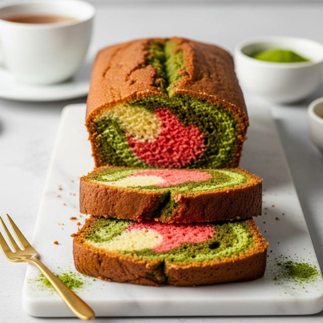 The image shows two slices of a marbled cake resting on a white marbled surface. The cake has three visible layered colors: green, pink, and beige, swirling together in a vibrant pattern throughout the slice. The crust is a golden brown color, framing the colorful interior. Behind the cake slices, there is a white cup with a warm drink and a small white bowl containing a green sauce or powder. A gold fork lies on the surface near the cake with some green powder scattered nearby. The lighting is soft and natural, emphasizing the texture and colors of the cake. Photo taken with an iphone --ar 4:5 --v 7