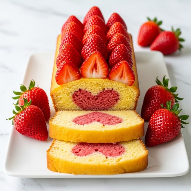 A loaf cake with a yellow outer layer and a pink heart shape in the middle, sliced to show two pieces with the heart visible inside; the top of the cake is decorated with bright red strawberries, and more whole strawberries are placed around the white plate. The cake sits on a white marbled surface. Photo taken with an iphone --ar 4:5 --v 7
