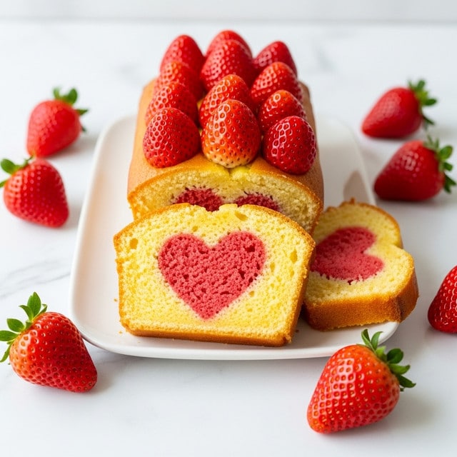 A loaf cake with a light brown crust sits on a white rectangular board on a white marbled surface. Inside the cake are three layers: the outer layer is yellow with a soft, crumbly texture while the inner layer is pink and shaped like a heart, visible in two sliced pieces placed in front of the loaf. The top of the cake is decorated with fresh, bright red strawberries, some whole and some sliced, adding a vibrant touch. Around the cake, several whole strawberries with green leaves are scattered for decoration. photo taken with an iphone --ar 4:5 --v 7