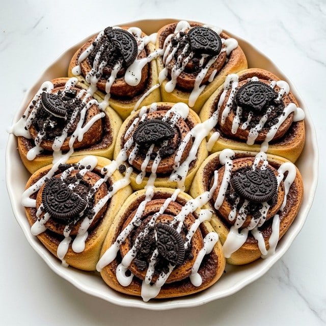 A round white ceramic dish holds eight cinnamon rolls, each with a golden-brown, slightly crispy outer layer and a soft, fluffy inner dough that shows a spiraled texture. The rolls are topped with white icing that drips slightly down the sides, and on top of the icing are scattered crushed dark chocolate cookie crumbs, along with some larger cookie pieces for added texture. The dish sits on a white marbled surface that contrasts softly with the warm colors of the rolls. The photo taken with an iphone --ar 4:5 --v 7