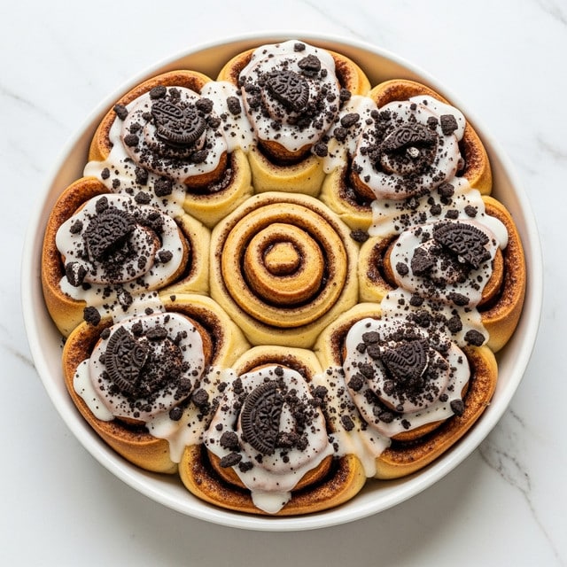 A white round ceramic dish holds seven golden brown cinnamon rolls, each topped with a swirl of white icing that drips slightly down the sides. Over the icing and rolls, crushed dark chocolate cookie crumbs and pieces add a textured, speckled look. The rolls are soft and fluffy with slightly crispy edges, nestled close together in the dish. The background is a white marbled texture that contrasts with the warm tones of the rolls. photo taken with an iphone --ar 4:5 --v 7