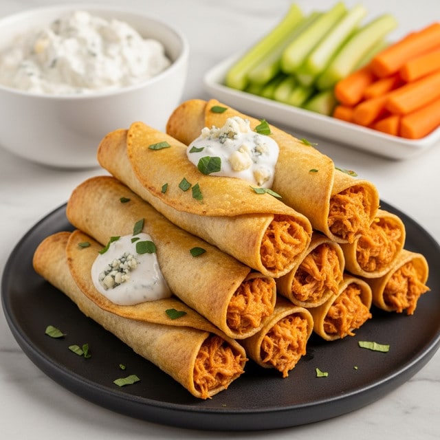 The image shows six rolled tortillas stacked together on a dark plate, each filled with shredded orange chicken that looks moist and richly seasoned. At the center of each roll is a small dollop of creamy white sauce with blue-green specks, likely blue cheese dressing. The tortillas are golden brown with a slightly crisp texture on the outside, and green chives are sprinkled on top of the rolls. In the background, there are celery and carrot sticks, and a small white bowl filled with the same blue cheese dressing. The setting has a warm, cozy feel with a white marbled texture surface under the plate. photo taken with an iphone --ar 4:5 --v 7