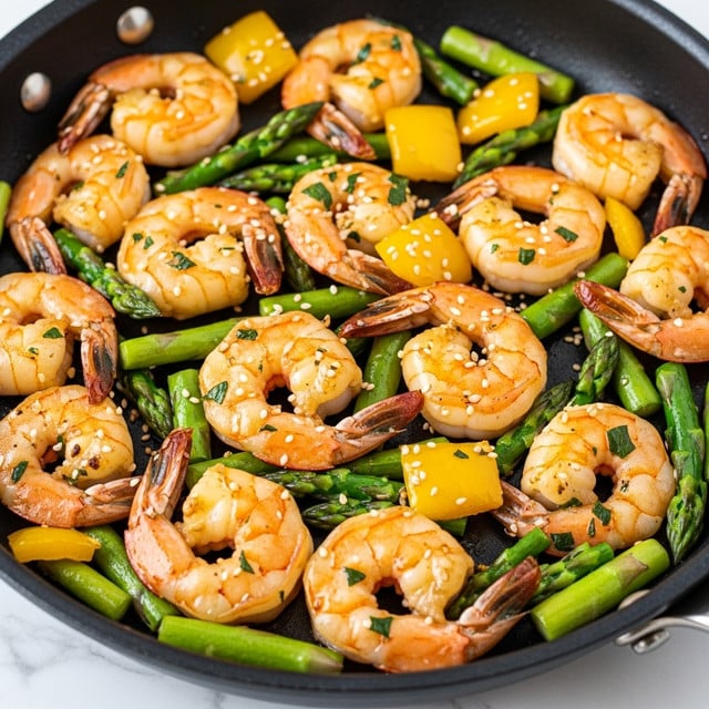The image shows a close-up of a black pan filled with cooked shrimp and green asparagus. There are about a dozen shrimp, each orange with a slight char, layered around the pan with bright green asparagus tips mixed evenly throughout. The shrimp and asparagus are coated with a glossy sauce, sprinkled with white sesame seeds and chopped fresh green herbs. The texture of the shrimp looks juicy and tender while the asparagus is firm yet cooked. The black pan contrasts with the bright colors of the food, and the setting has a white marbled texture in the background. photo taken with an iphone --ar 4:5 --v 7
