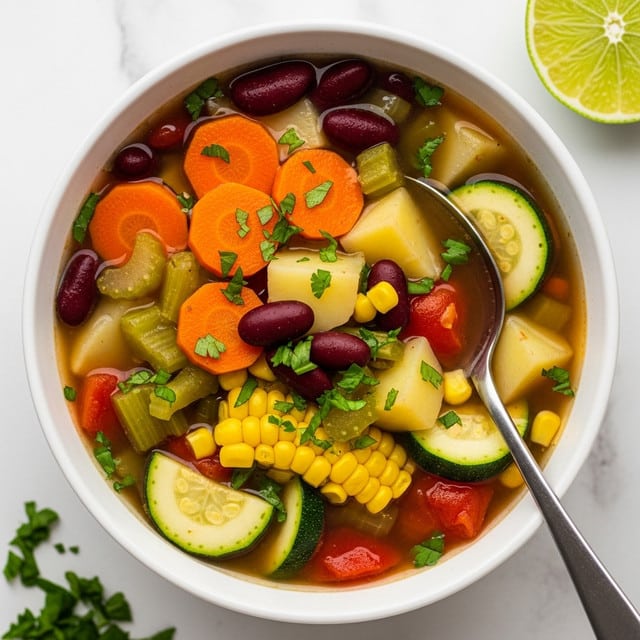 A white bowl filled with a colorful vegetable soup showing many layers: orange carrot slices, dark red kidney beans, light yellow potato chunks, green celery pieces, yellow corn kernels, green zucchini slices, and red tomato bits in a clear brownish broth. Small chopped green herbs are sprinkled on top, adding freshness. A silver spoon rests partly inside the bowl. The bowl sits on a white marbled surface with a lime wedge and green herbs nearby. Photo taken with an iphone --ar 4:5 --v 7