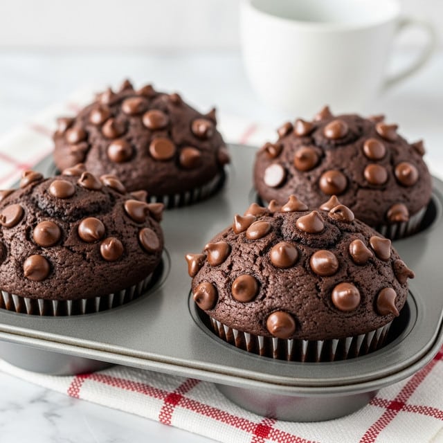 The image shows four thick chocolate muffins with a rich brown color and slightly cracked tops, each sprinkled with several smooth, shiny chocolate chips that melt slightly into the muffin surface. They sit close together on a worn silver metal baking tray, which is placed on a white marbled texture with a red and cream checkered cloth partially visible underneath. The muffins have a slightly rough and dense texture with some chocolate chips embedded inside, adding variation in the shades of brown. Photo taken with an iphone --ar 4:5 --v 7
