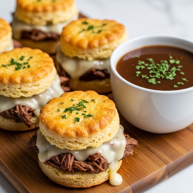 The image shows four small sandwiches stacked on a wooden board, each made of a golden-brown biscuit that has a slightly rough and flaky texture. Inside each biscuit sandwich, there is a juicy layer of shredded dark meat topped with melted white cheese that drapes over the sides softly. The top biscuit layer has a crispy surface sprinkled with small green herb bits. Next to the sandwiches is a white cup filled with a dark brown dipping sauce, also garnished with tiny green herbs. The whole setting is placed on a white marbled texture surface. photo taken with an iphone --ar 4:5 --v 7